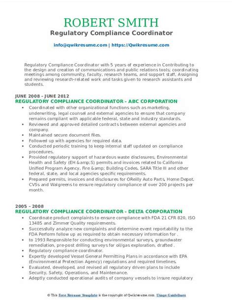 Regulatory Compliance Coordinator Resume Samples Qwikresume