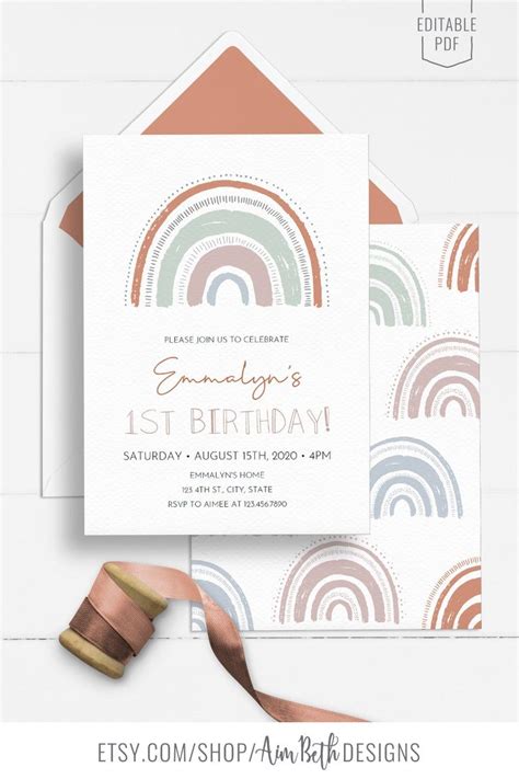 Muted Rainbow Invitation Boho Rainbow Birthday Invite Pastel Rainbow