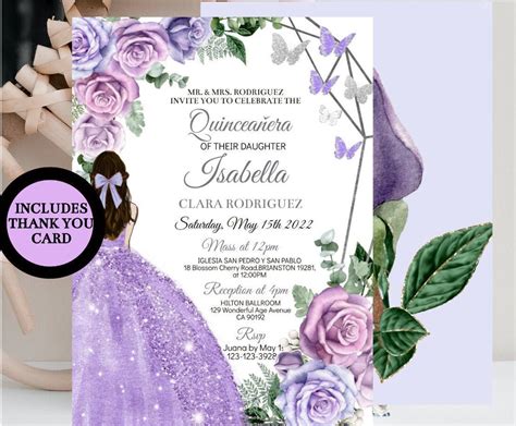 Quinceañera Invitation Purple Silver Rose Princess With Etsy