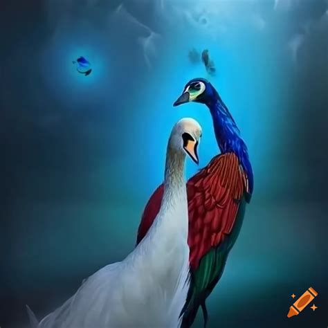 Artwork Of A Peacock And Swan Reflecting In A Mirror