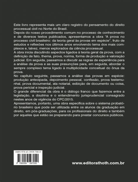 Editora Thoth A Prova No Processo Civil Brasileiro Da Teoria Geral