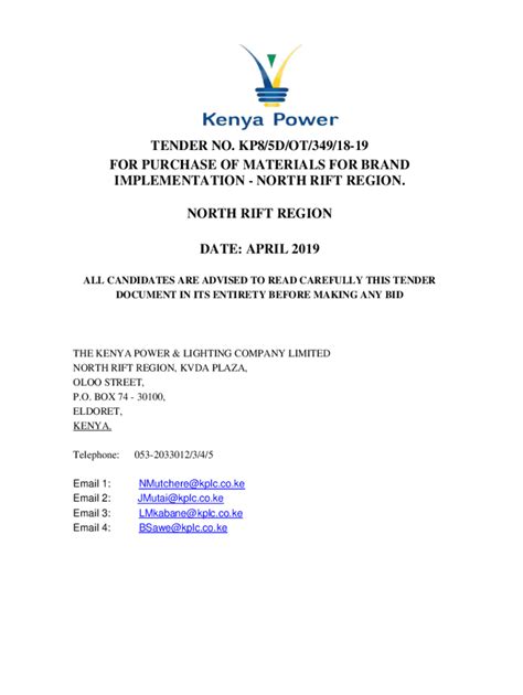 Fillable Online Kplc Co Tender No Kp D Ot For Purchase Of