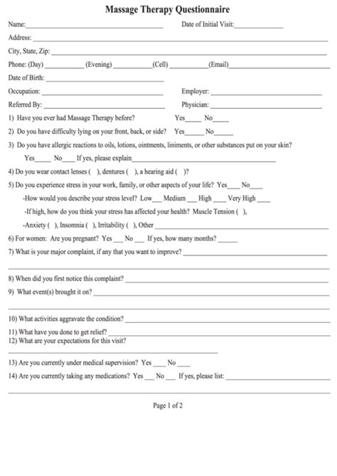 Massage Therapy Questionnaire Template Printable Pdf Download