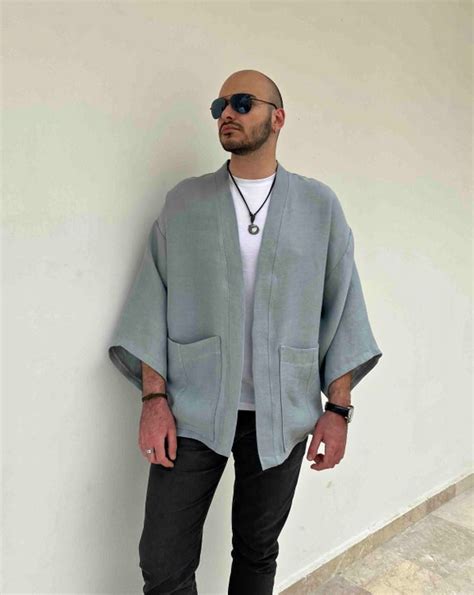 Linen Men S Haori Kimono Jacket Streetwear Japanese Etsy