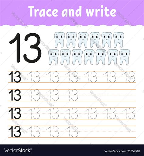 Trace And Write Number 13 Handwriting Practice Vector Image