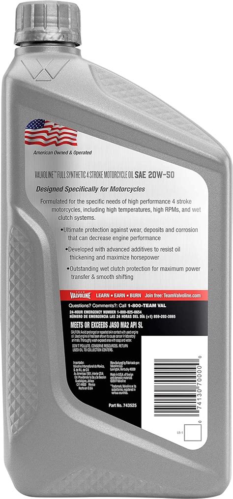 Valvoline 4 Stroke Motorcycle Full Synthetic SAE 20W 50 Motor Oil 1 QT