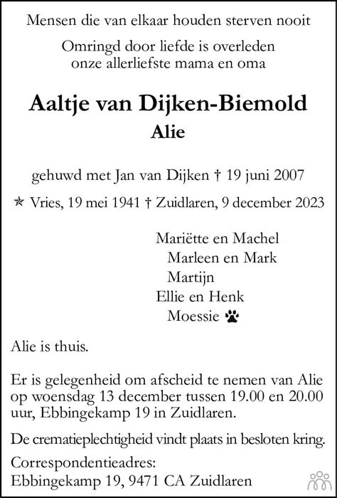 Aaltje Alie Van Dijken Biemold 09 12 2023 Overlijdensbericht En