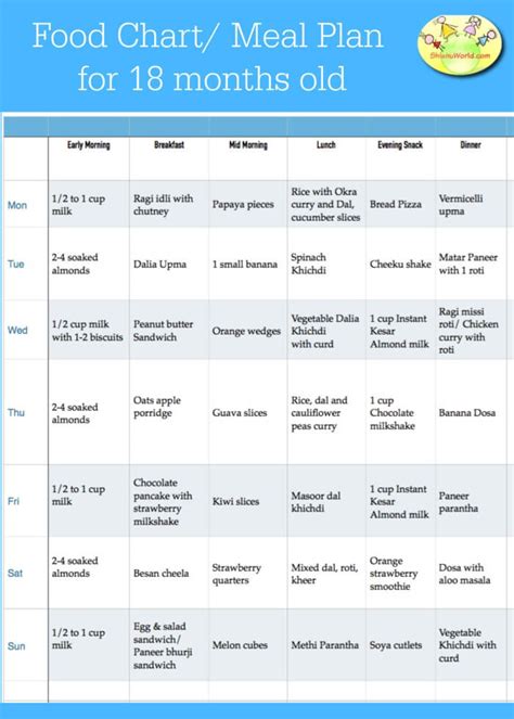 18 Month Baby Food Chart/ Toddler Food Chart/ Meal Plan for 18 months baby