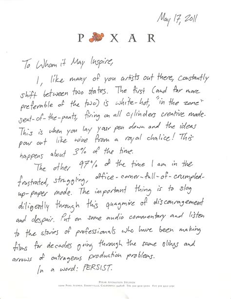 Pixar Animators Motivational Persistence Of Vision Letter The Disney Blog