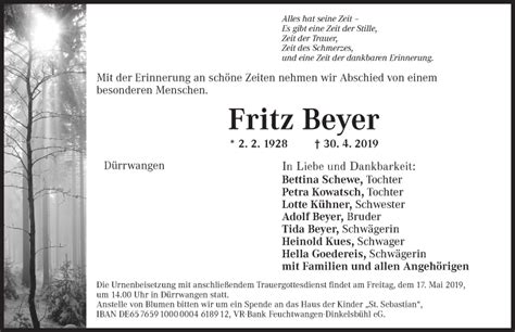 Traueranzeigen Von Fritz Beyer Trauer Flz De