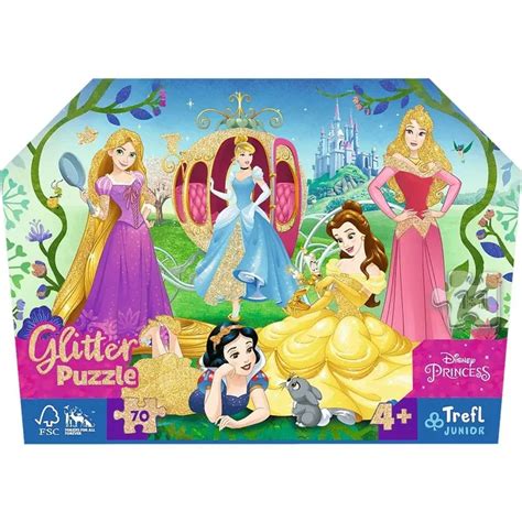 Trefl Puzzle 70 elementów glitter w kuferku Wesołe Księżniczki Disneya