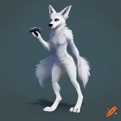 Anthropomorphic White Wolf With Fennec Fox Ears And Blue Eyes In