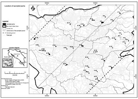 Sampled parks (numbered) in San José, Costa Rica, 2009. | Download ...