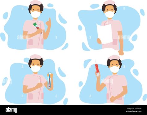 Set Of Four Female Nurses Wearing Surgical Mask With Different Action