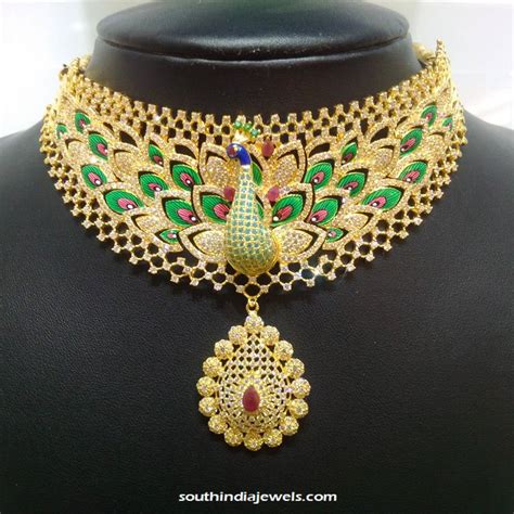 Gold Peacock Cz Stone Necklace From Naj South India Jewels