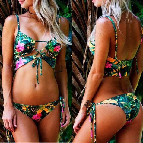 Sexy Women Swimsuits 2018 New Floral Print Pop Bandage Bikini Set Push