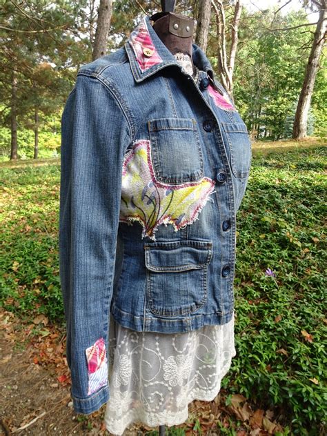 Denim Artsy Upcycled Womens Small Jacket Barkcloth Boho Festival Gypsy