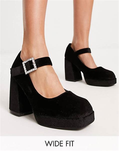 Simply Be Wide Fit Platform Mary Jane Heeled Shoes In Black With Pearl