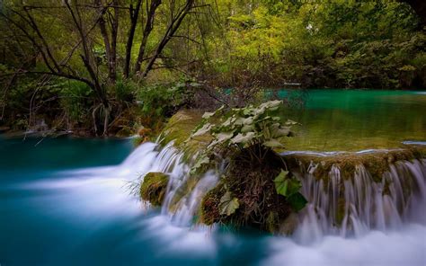 Nature Landscape Waterfall Long Exposure Forest Pond Shrubs Turquoise Trees Plitvice National