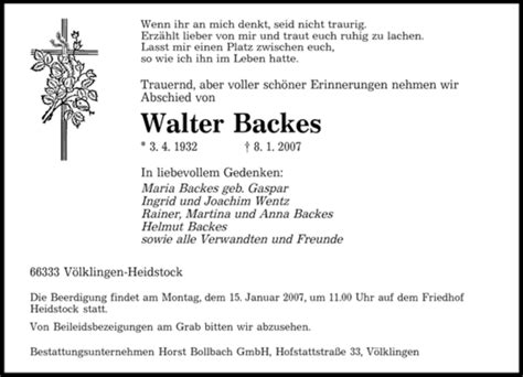 Traueranzeigen Von Walter Backes Saarbruecker Zeitung Trauer De