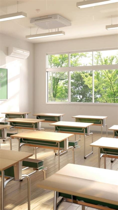 Empty Desks And Chairs Sit In An Empty Classroom Of A Japanese School