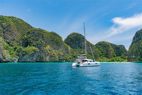 Luxury White Yacht In Andaman Ocean Maya Bay On Phi Phi Leh Island