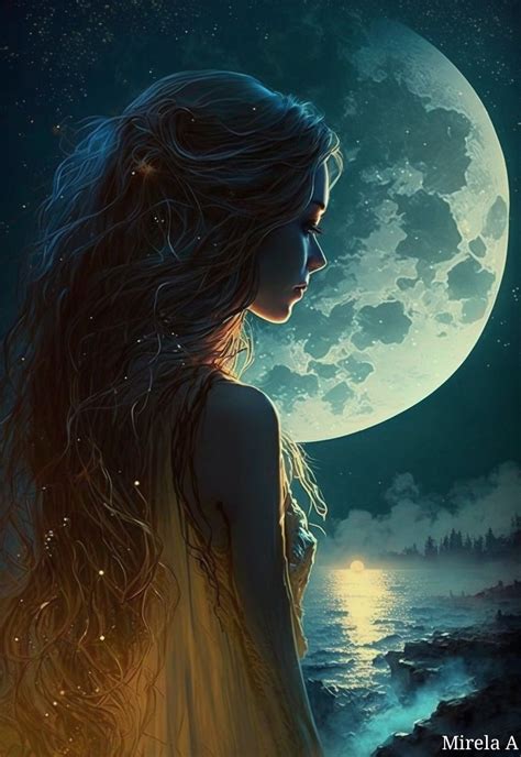 A Woman With Long Hair Standing In Front Of A Full Moon And The Water