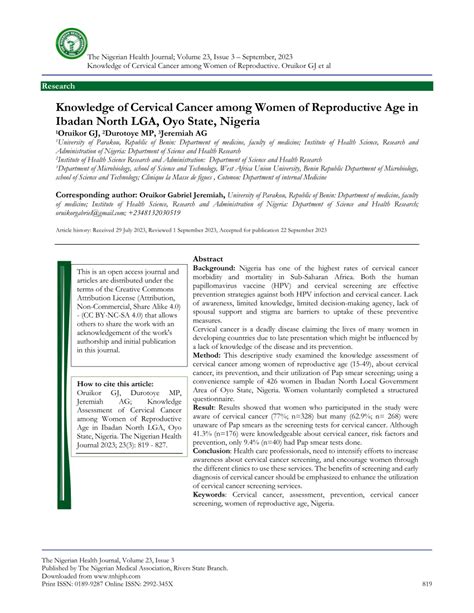 Pdf Knowledge Of Cervical Cancer Among Women Of Reproductive Age In