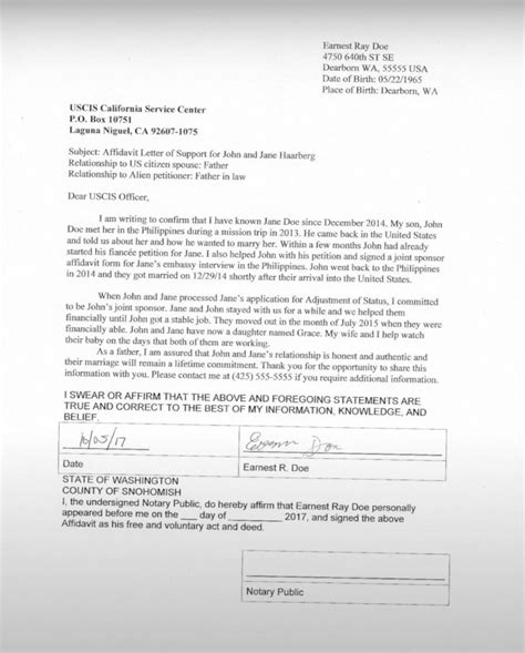 Sworn Affidavit Of Support Sample Letter For Immigration Form I