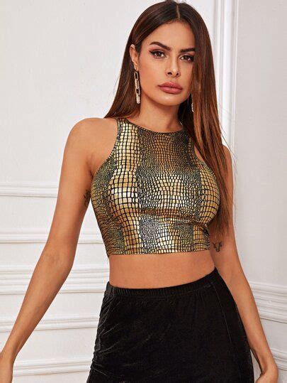 Crocodile Embossed Metallic Crop Tank Top Womens Fashion