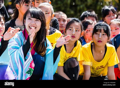 Japan, Kumamoto. Hinokuni Yosakoi Festival. Children, girls, happy ...