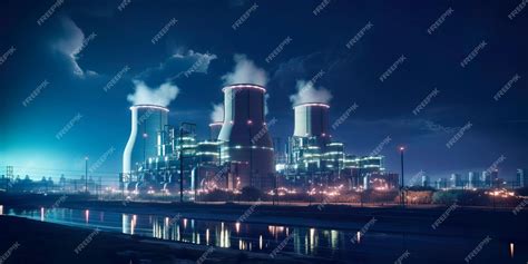 Premium Ai Image Nuclear Power Plant At Night Illuminated At Night