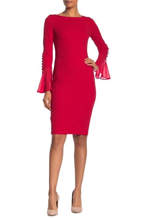 Calvin Klein Chiffon Bell Sleeve Sheath Dress Regular And Petite Sizes