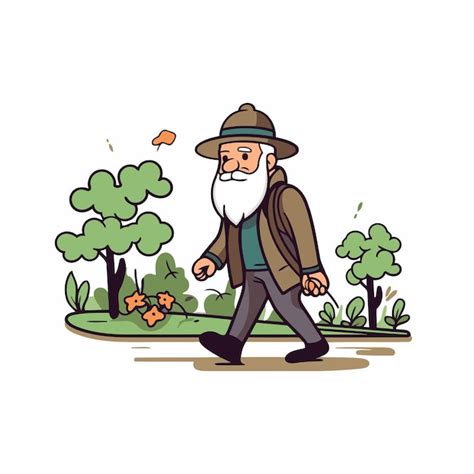 Premium Vector Old Man Walking In The Park Vector Illustration In