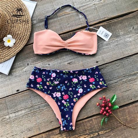 CUPSHE Floral Print High Waist Bikini Set Women Reversible Heart Neck