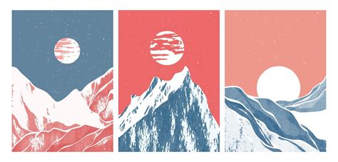 Set Of Mid Century Modern Minimalist Art Print Abstract Mountain