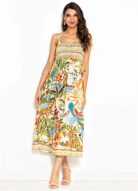 Farm Vestido Midi De Viscose Tropical Do Brasil Branco Faz A Boa