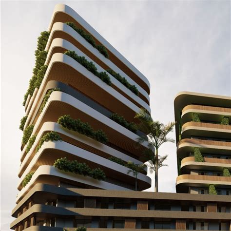 Two Tall Buildings With Plants Growing On The Sides And Balconies At