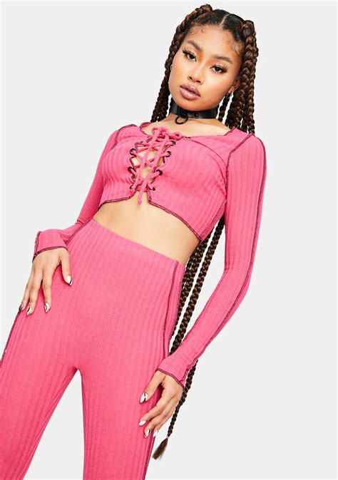 Contrast Stich Long Sleeve Crop Top And Leggings Set Pink Dolls Kill