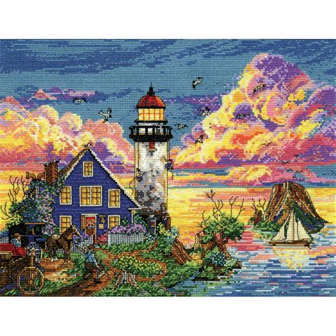 Design Works Counted Cross Stitch Kit 11"X14"-Lighthouse Sunset (14 Count) - Walmart.com ...