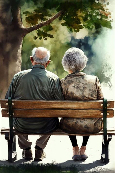 Watercolor Painting of Old Couple Sitting O a Bench at the Park. Stock ...