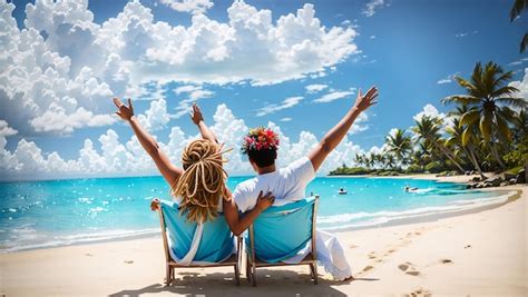 Premium Ai Image Happy Couple Enjoy Beautiful Sea On The Tropical Island Beach