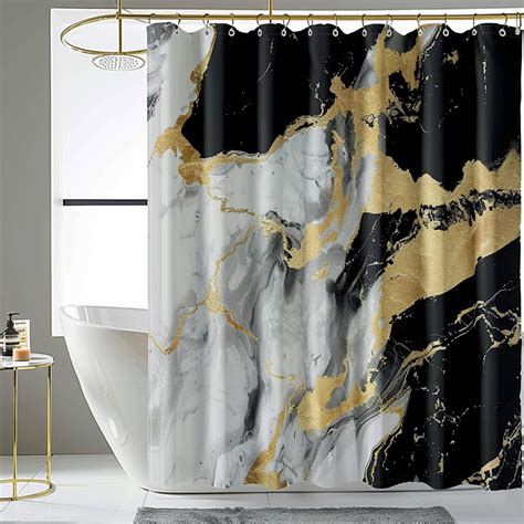 Marble Texture Shower Curtain In Black And White With Gold Accents