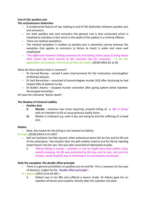 End Of Life Lecture Notes End Of Life Posiive Acts The Act