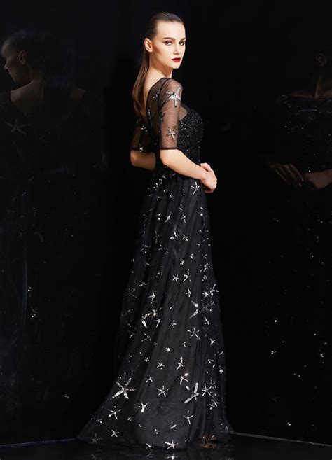 Bateau Neck Illusion Sweetheart Sequin Star Half Sleeves Tulle Prom