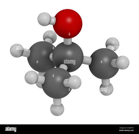 tert-butyl alcohol (tert-butanol) solvent molecule. 3D rendering. Atoms are represented as ...