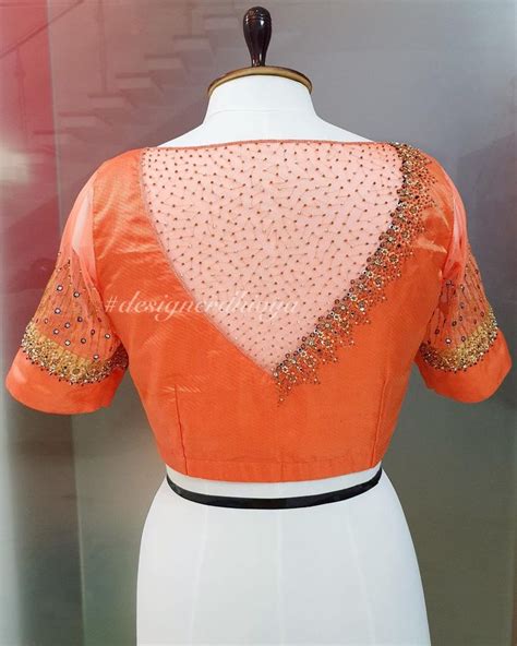 Gorgeous Orange Shade Net Bridal Blouse With Bead Aari Work On Neckline