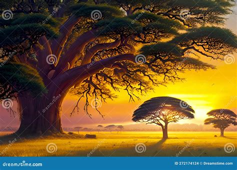 African savanna at sunset stock illustration. Illustration of evening - 272174124