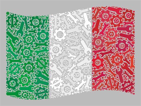 Waving System Italy Flag Collage With Cog And Wrench Objects Stock