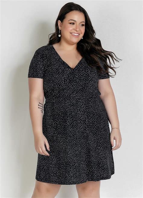 Vestido Curto Poá Preto Mangas Plus Size Marguerite